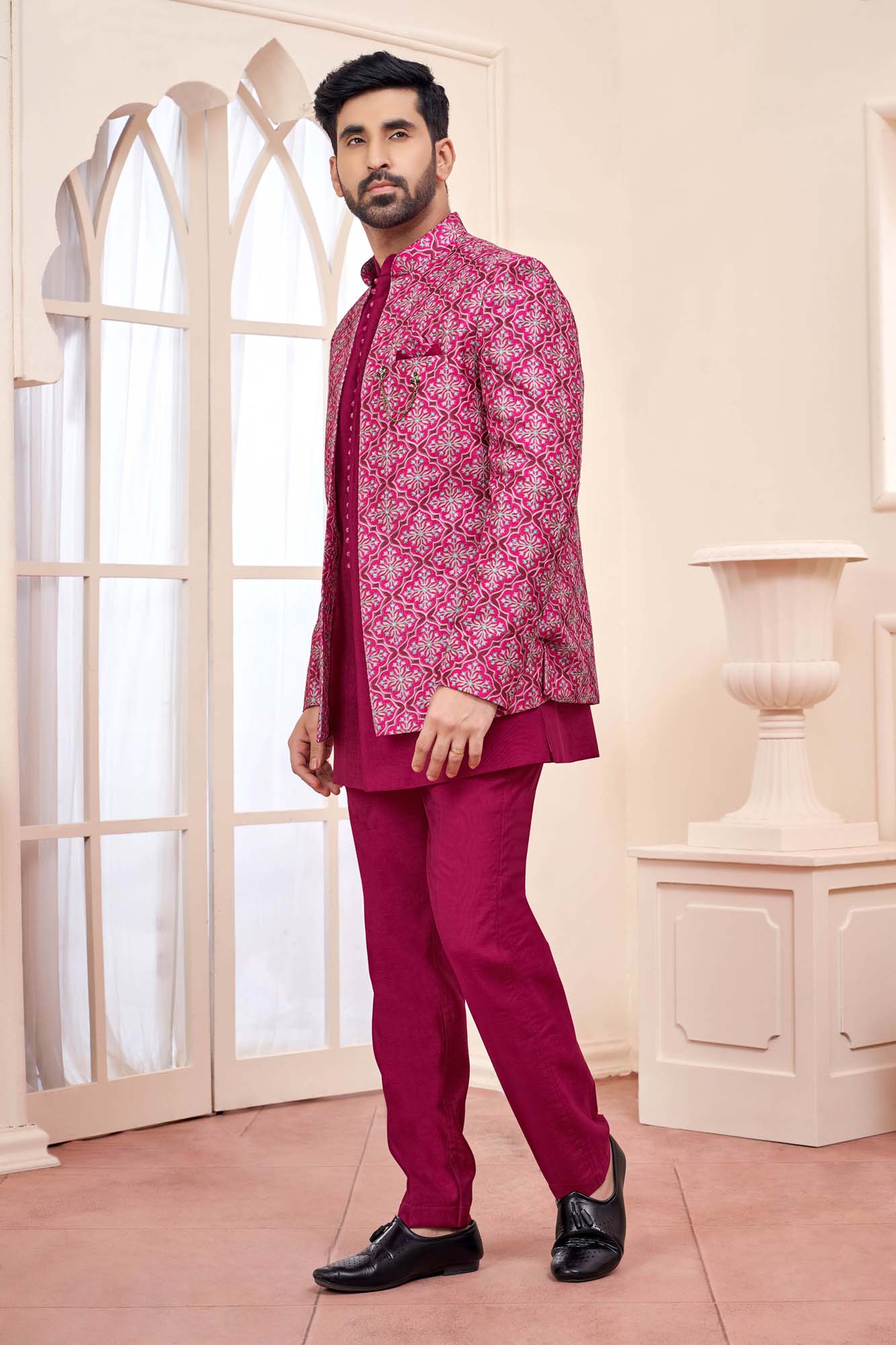 Royal Dark Pink Jodhpuri Set With Embroidered Jacket