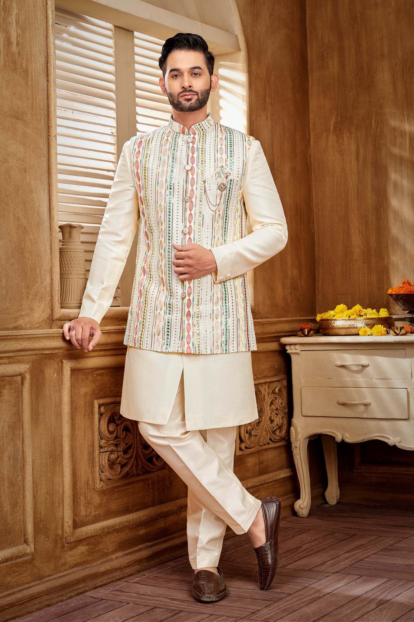 Men'S Pastel Embriodery And Mirror Work Indo Western Set