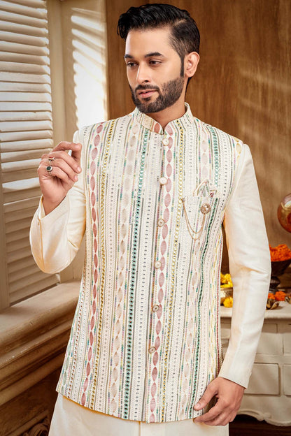 Men'S Pastel Embriodery And Mirror Work Indo Western Set