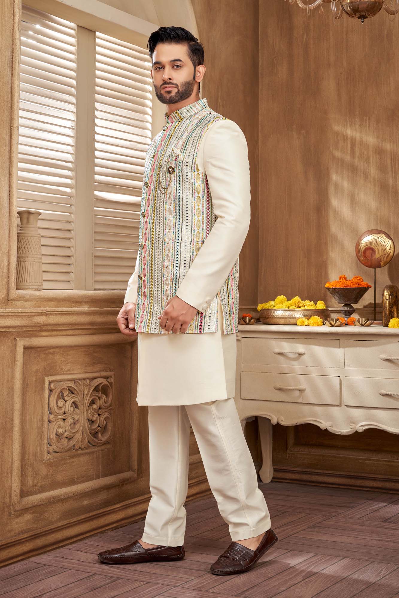 Men'S Pastel Embriodery And Mirror Work Indo Western Set
