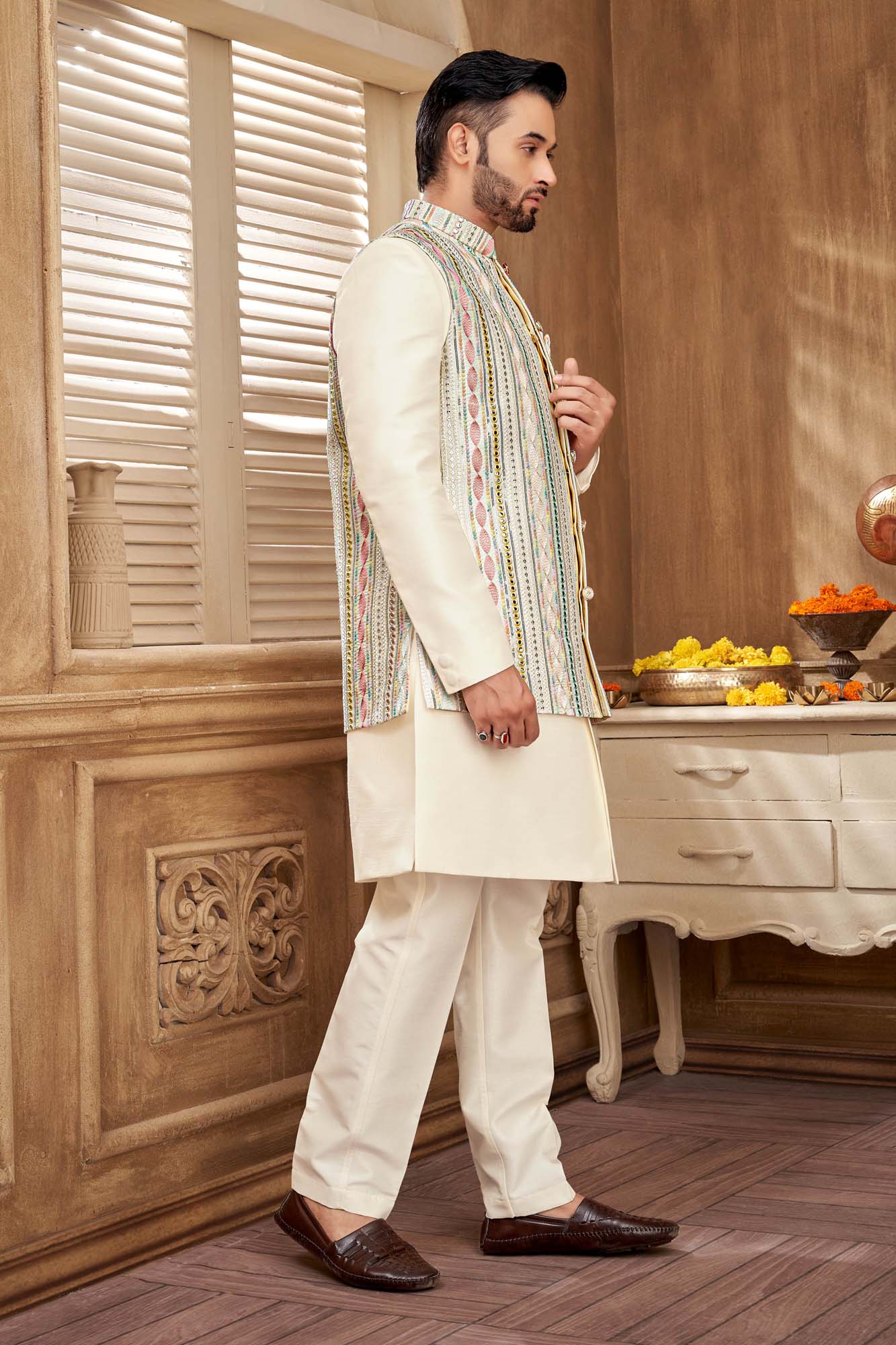 Men'S Pastel Embriodery And Mirror Work Indo Western Set