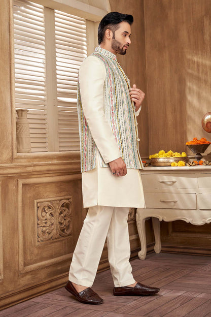 Men'S Pastel Embriodery And Mirror Work Indo Western Set