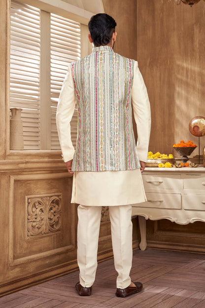 Men'S Pastel Embriodery And Mirror Work Indo Western Set
