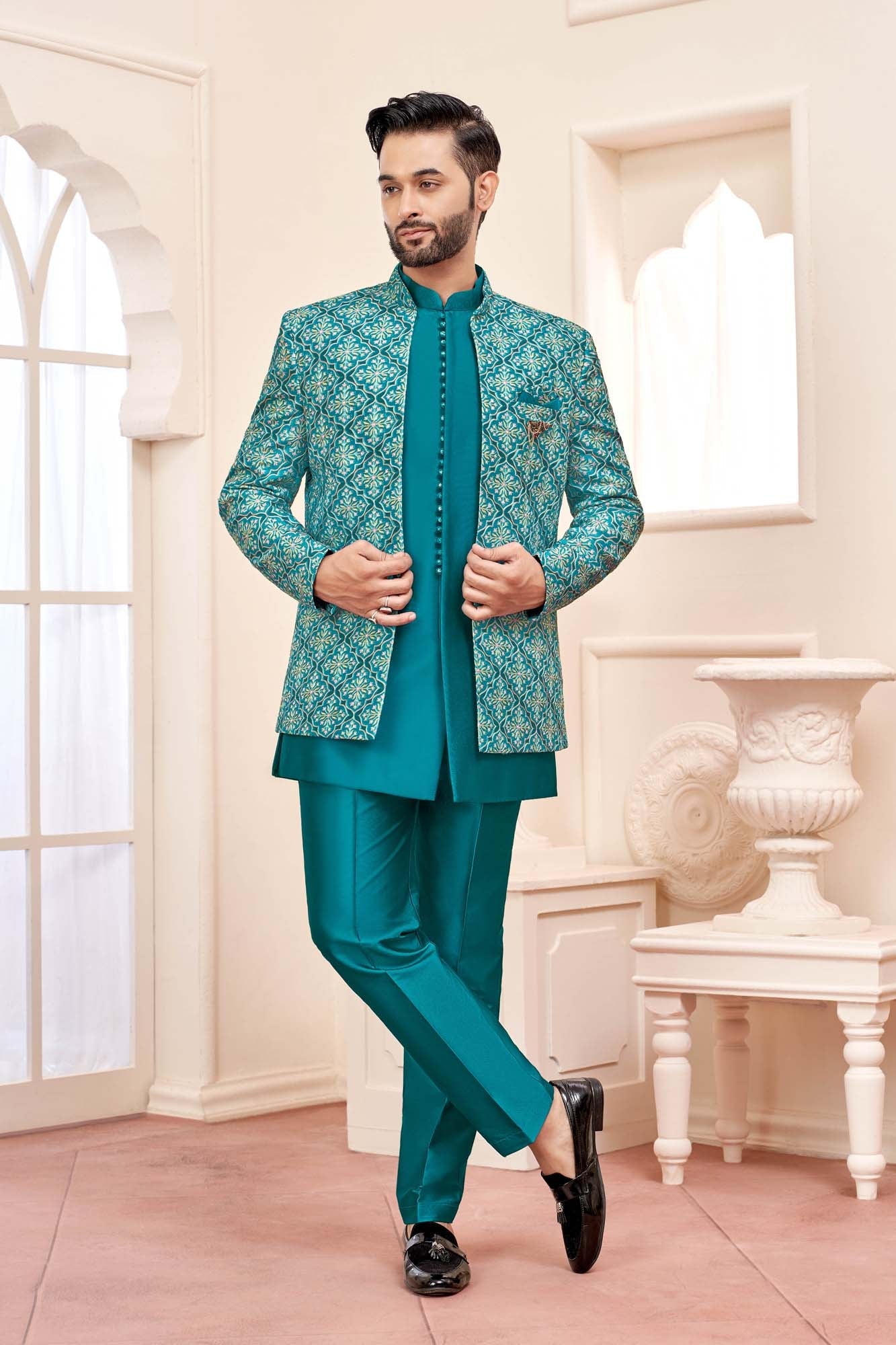 Blue Jodhpuri Set With Embroidered Jacket For Men