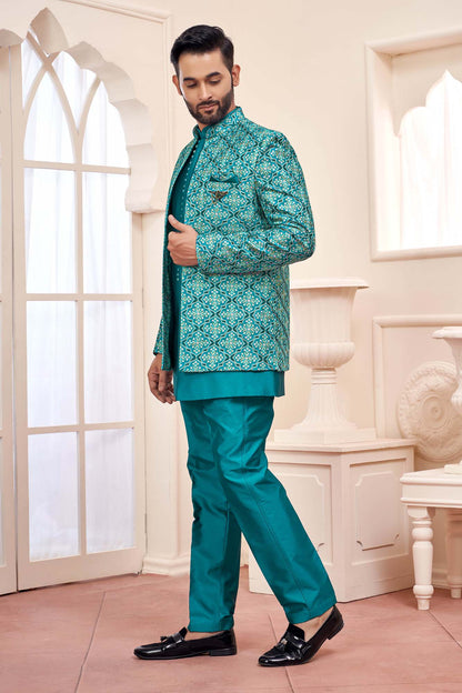 Blue Jodhpuri Set With Embroidered Jacket For Men