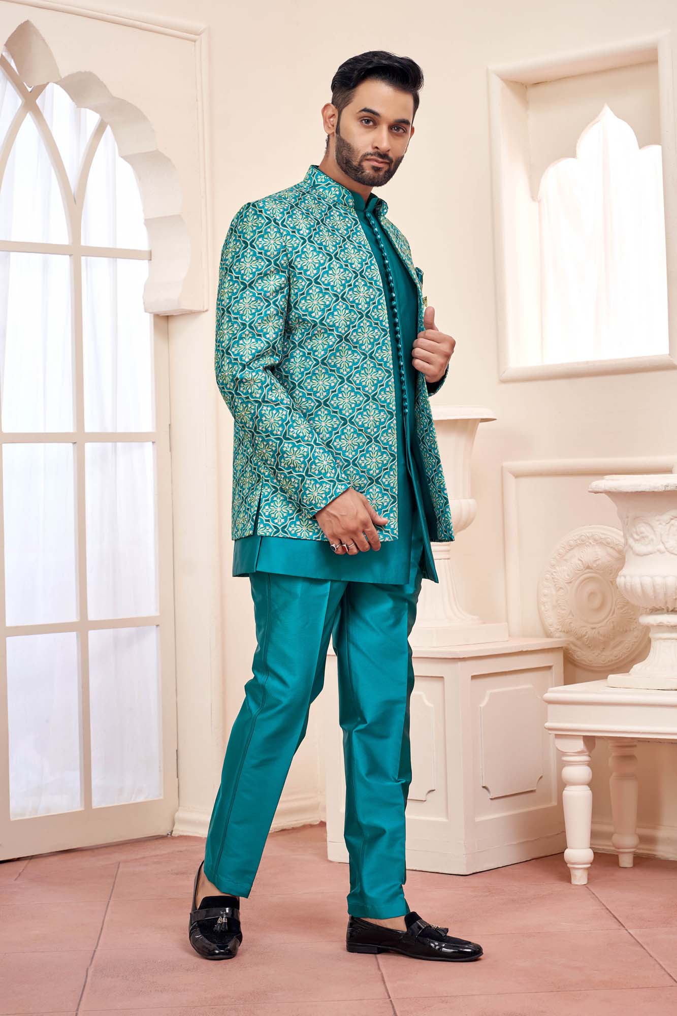 Blue Jodhpuri Set With Embroidered Jacket For Men