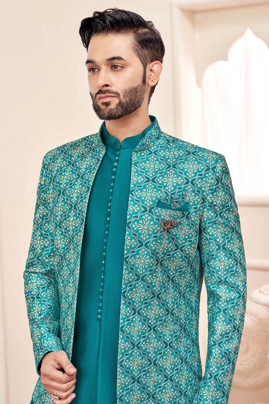 Blue Jodhpuri Set With Embroidered Jacket For Men