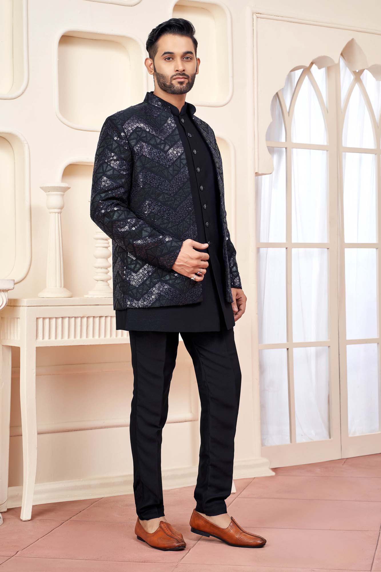 Black Jodhpuri Set With Shimmery Embroidered Jacket For Men