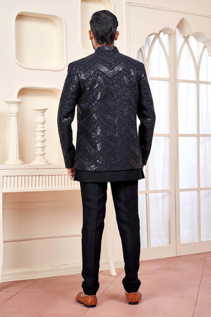 Black Jodhpuri Set With Shimmery Embroidered Jacket For Men
