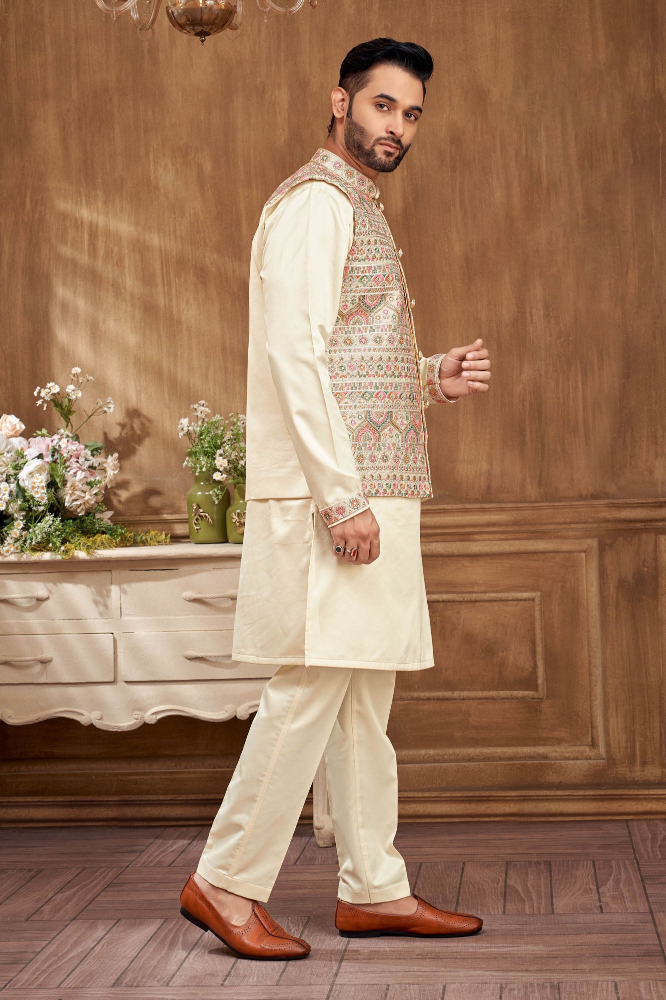 Floral Embroidered Kurta Jacket Set For Men