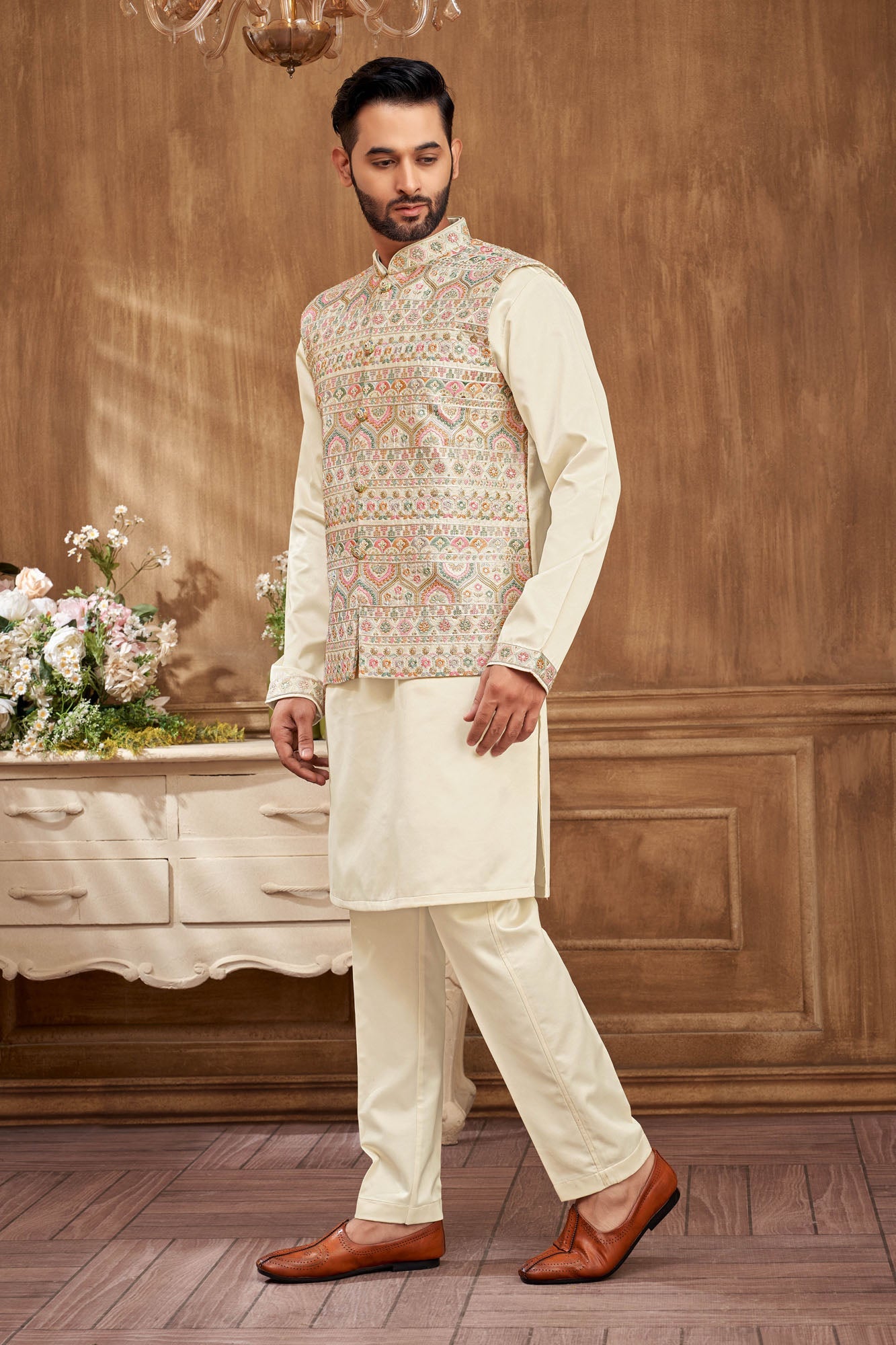 Floral Embroidered Kurta Jacket Set For Men