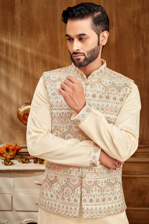 Floral Embroidered Kurta with Jacket for Men – Festive & Wedding Wear