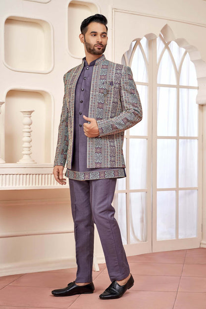 Majestic Purple Jodhpuri Set With Embroidered Jacket For Men