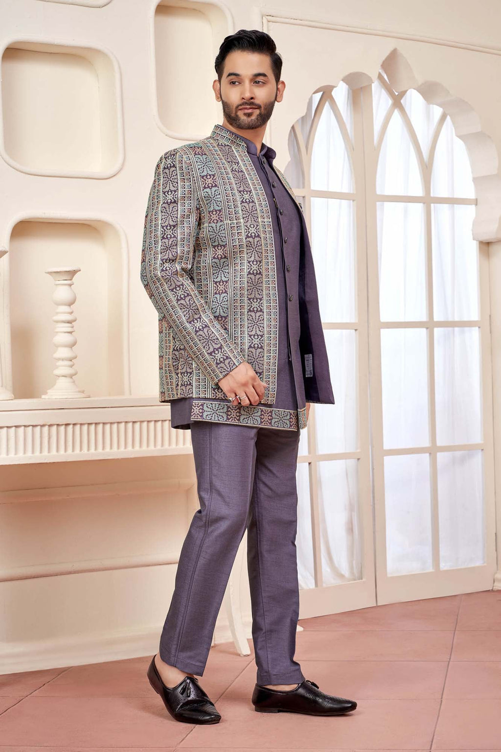 Majestic Purple Jodhpuri Set With Embroidered Jacket For Men