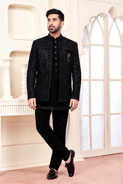 Elegant Black Jodhpuri Set With Shimmery Embroidery For Men