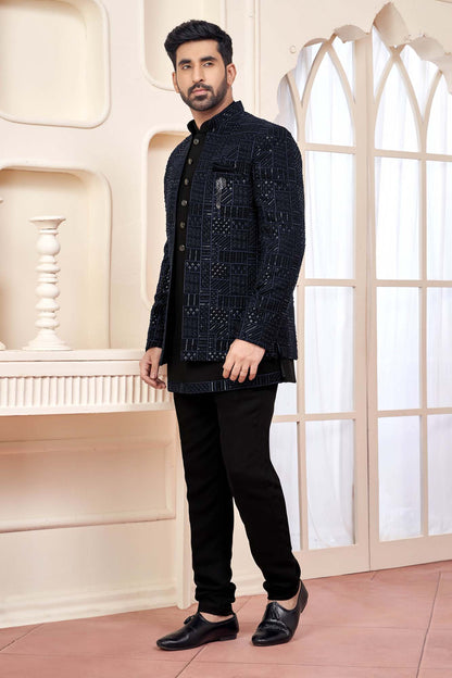 Elegant Black Jodhpuri Set With Shimmery Embroidery For Men