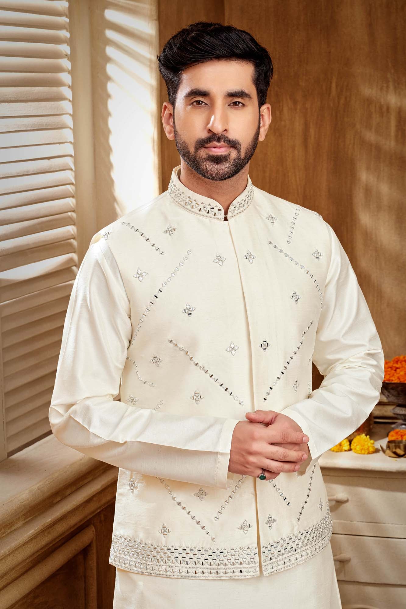 White Mirror Work Kurta Set
