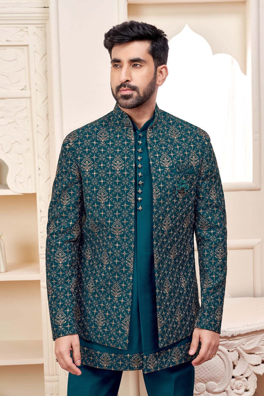 Stunning Teal Green Jodhpuri Set With Intricate Embroidery For Men