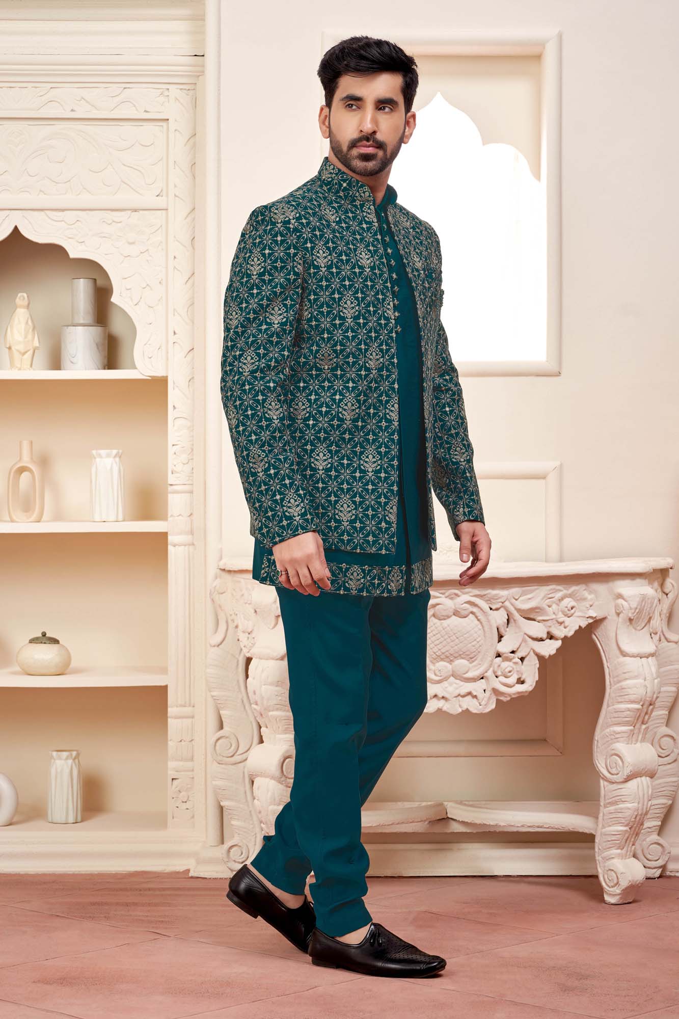 Stunning Teal Green Jodhpuri Set With Intricate Embroidery For Men