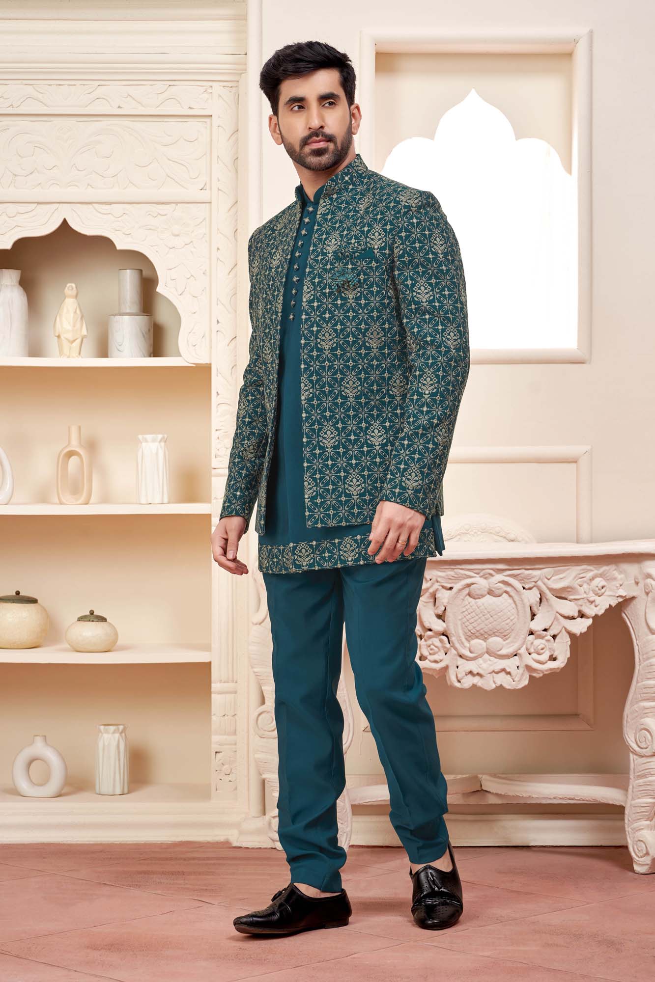 Stunning Teal Green Jodhpuri Set With Intricate Embroidery For Men