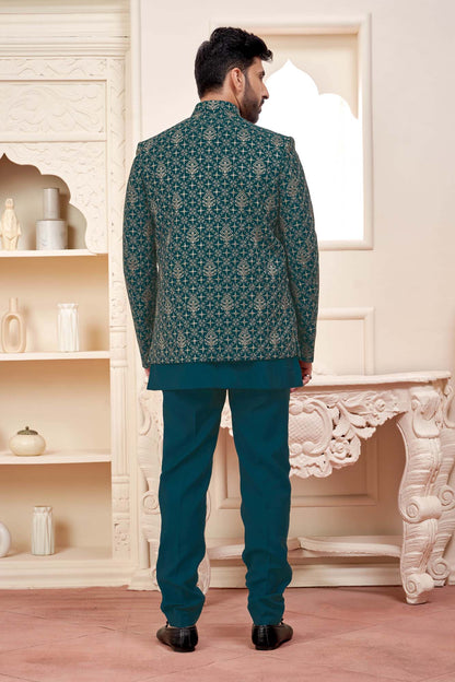 Stunning Teal Green Jodhpuri Set With Intricate Embroidery For Men