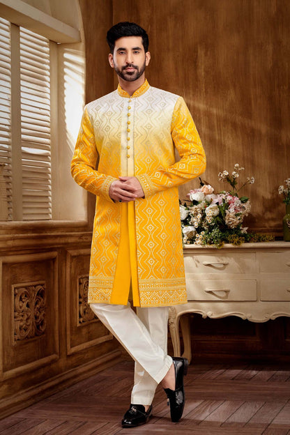 Yellow And White Indo- Western Set For Men
