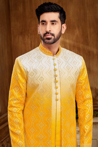 Yellow And White Indo- Western Set For Men