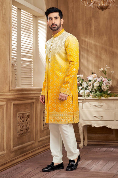 Yellow And White Indo- Western Set For Men