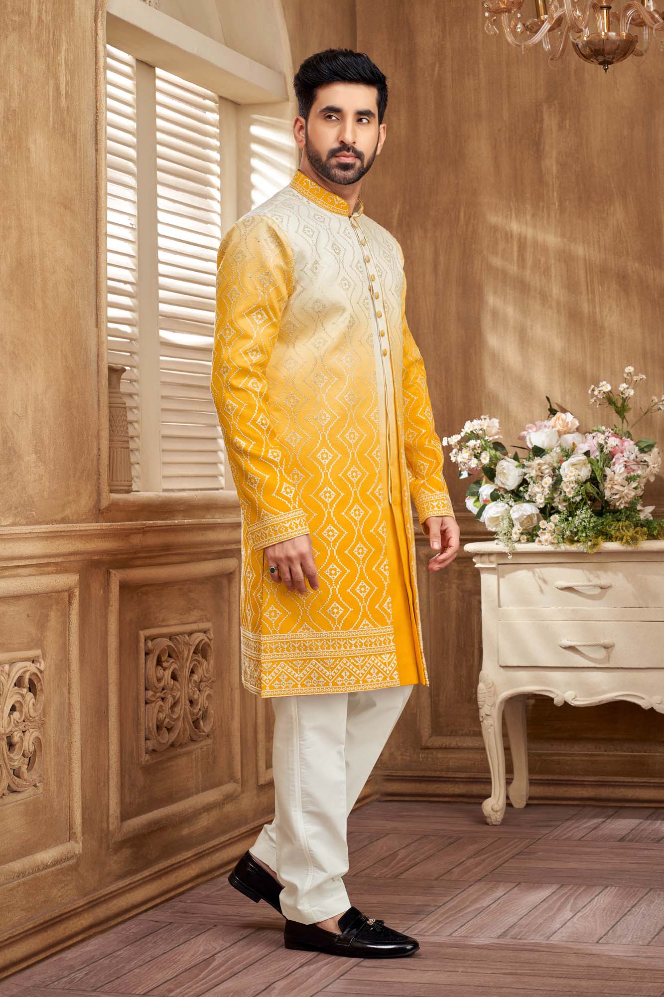 Yellow And White Indo- Western Set For Men