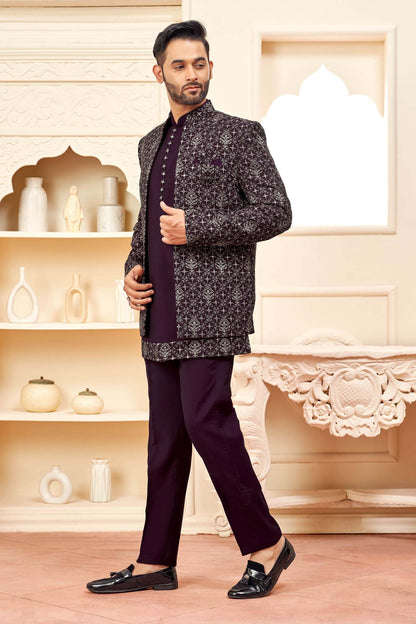 Maroon Jodhpuri Set With Embroidered Jacket For Men