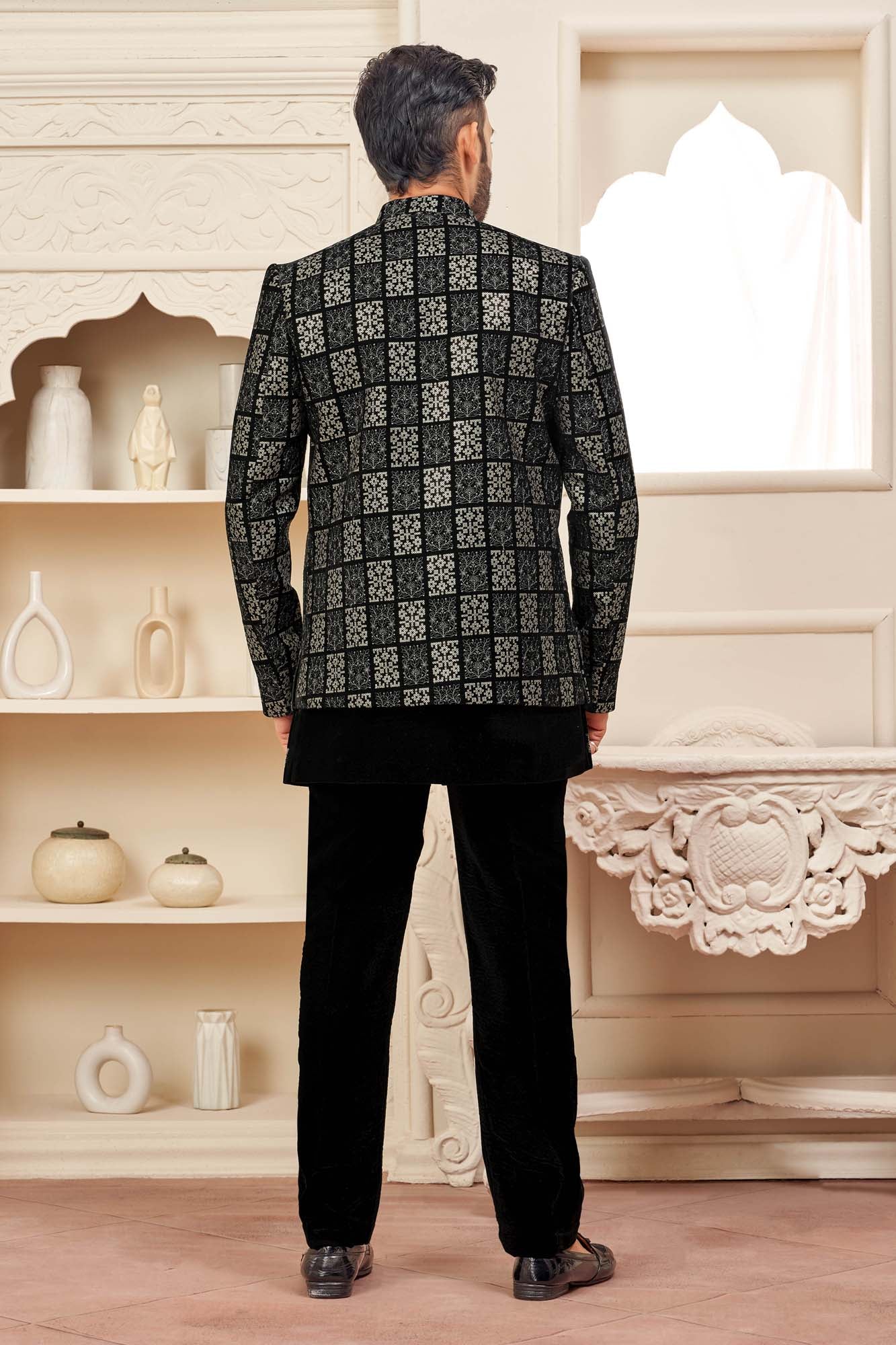 Luxurious Black Velvet Jodhpuri Set With Embroidery For Men