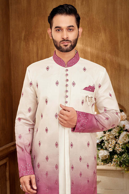 Classic Pink And White Indo- Western Set For Men