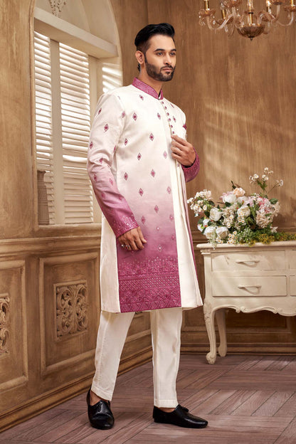 Classic Pink And White Indo- Western Set For Men