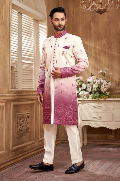 Classic Pink And White Indo- Western Set For Men