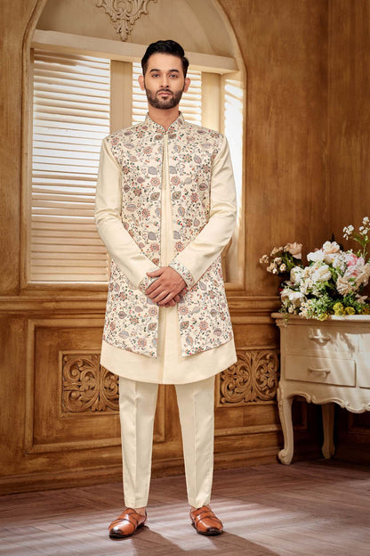 Cream Colour Floral Embriodery Indo- Western Set