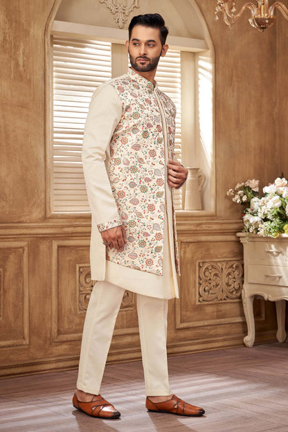 Cream Colour Floral Embriodery Indo- Western Set