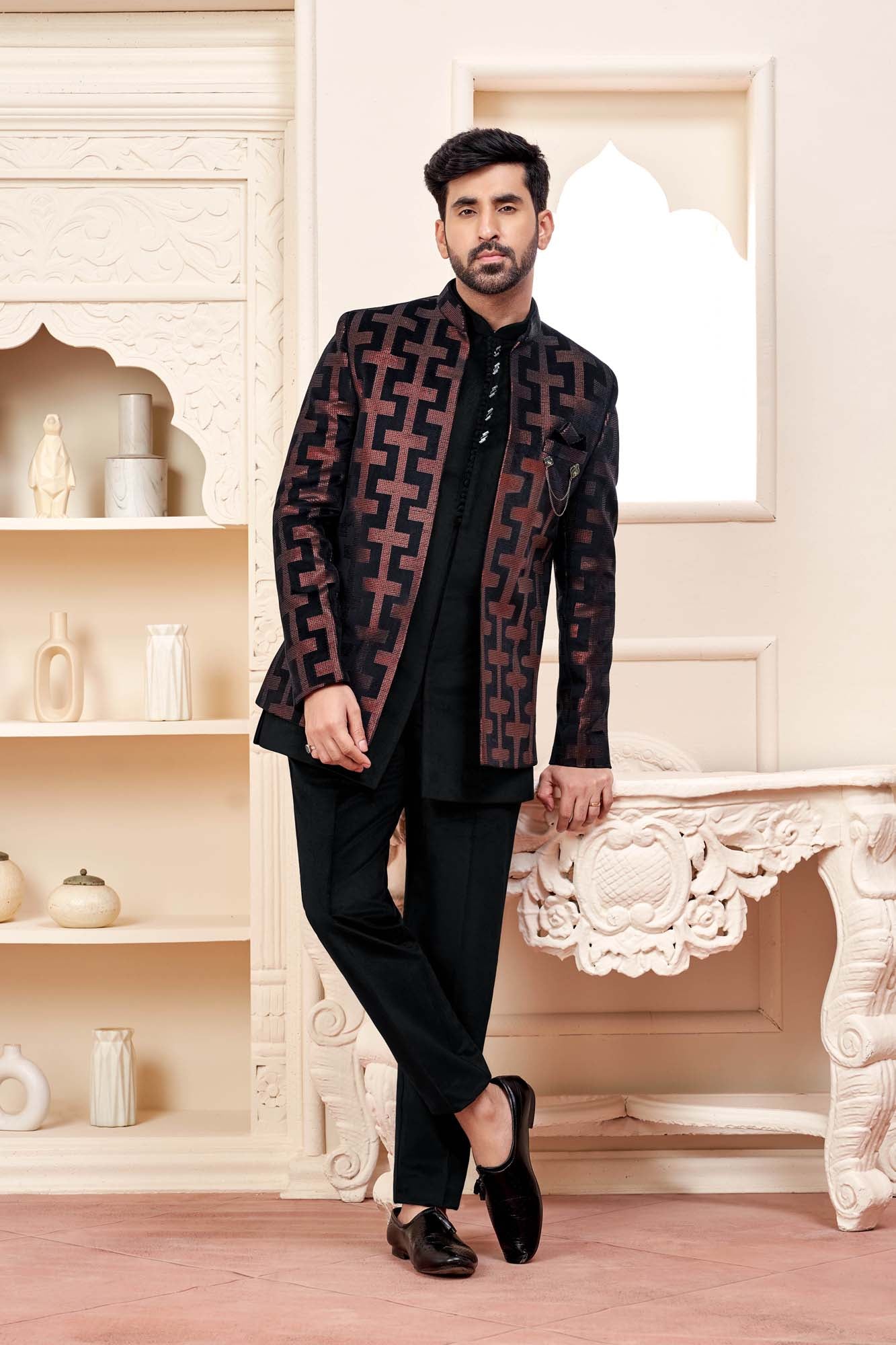 Bold Elegance: Black And Red Ethnic Men'S Jacket Set