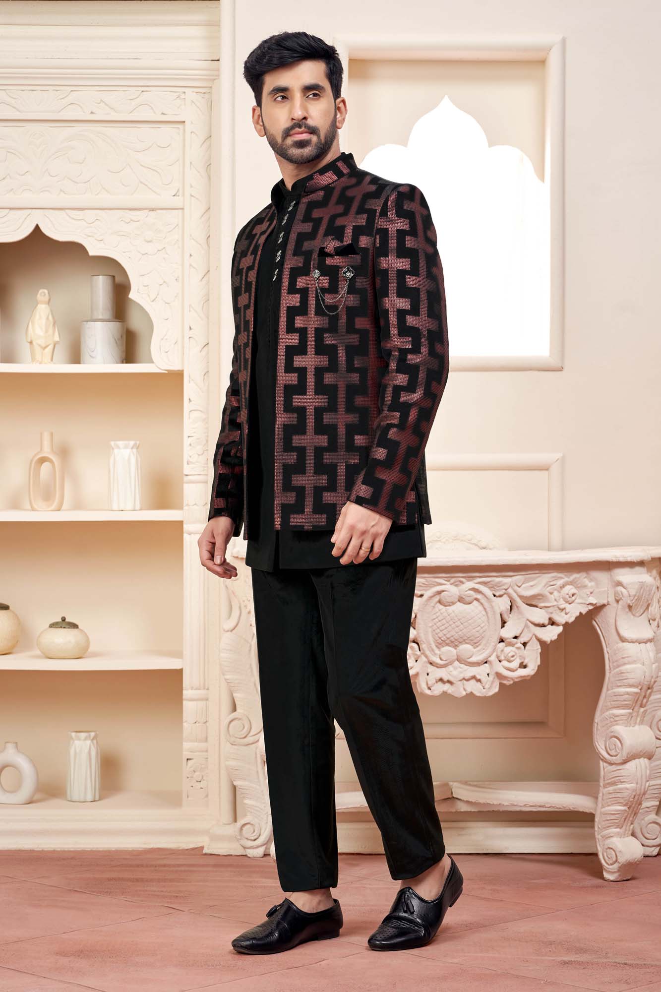 Buy Bold Elegance: Black And Red Ethnic Men's Jacket Set Online