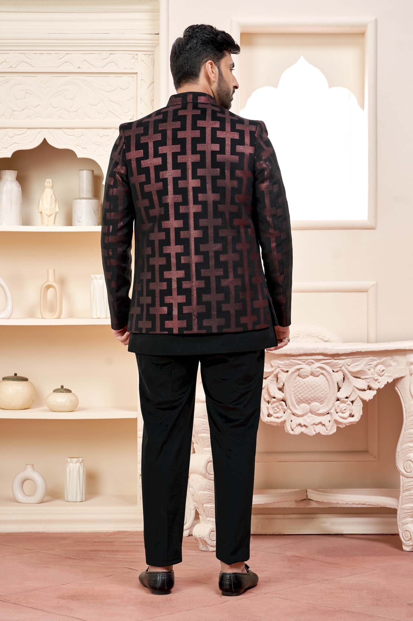 Bold Elegance: Black And Red Ethnic Men'S Jacket Set