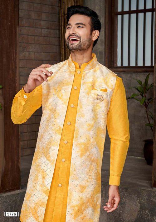 Art Silk Kurta Long Jacket Set with Pants for Men