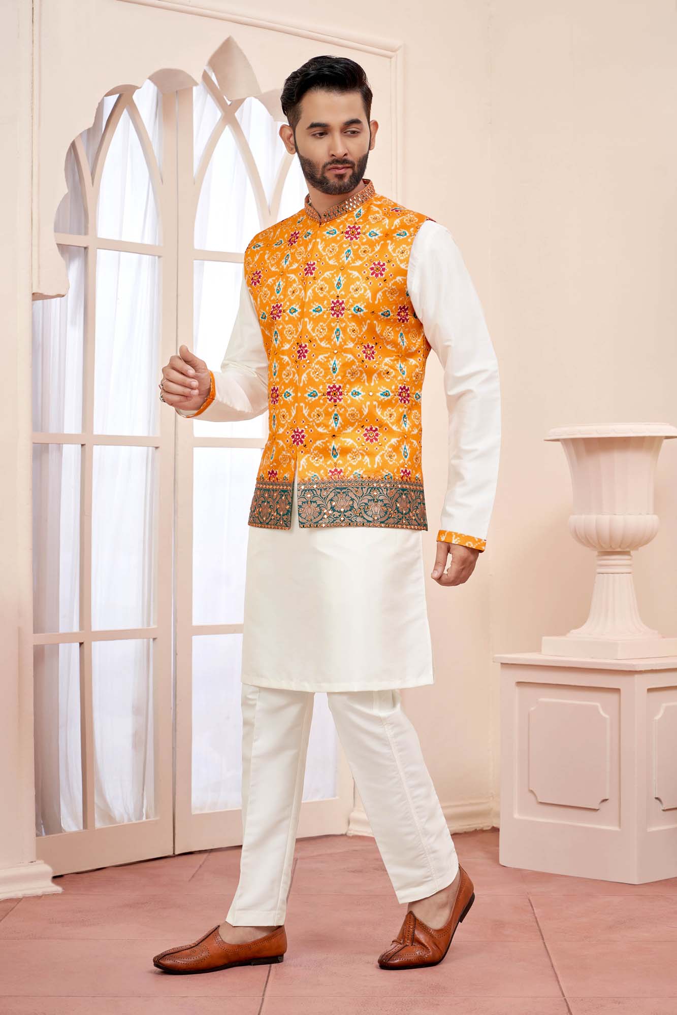 Sunlit Elegance: White Kurta Set With Yellow Embroidered Jacket