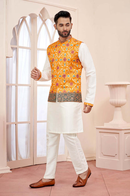 Sunlit Elegance: White Kurta Set With Yellow Embroidered Jacket