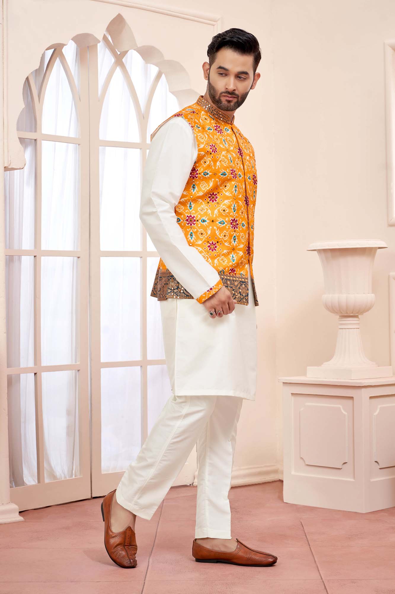 Sunlit Elegance: White Kurta Set With Yellow Embroidered Jacket
