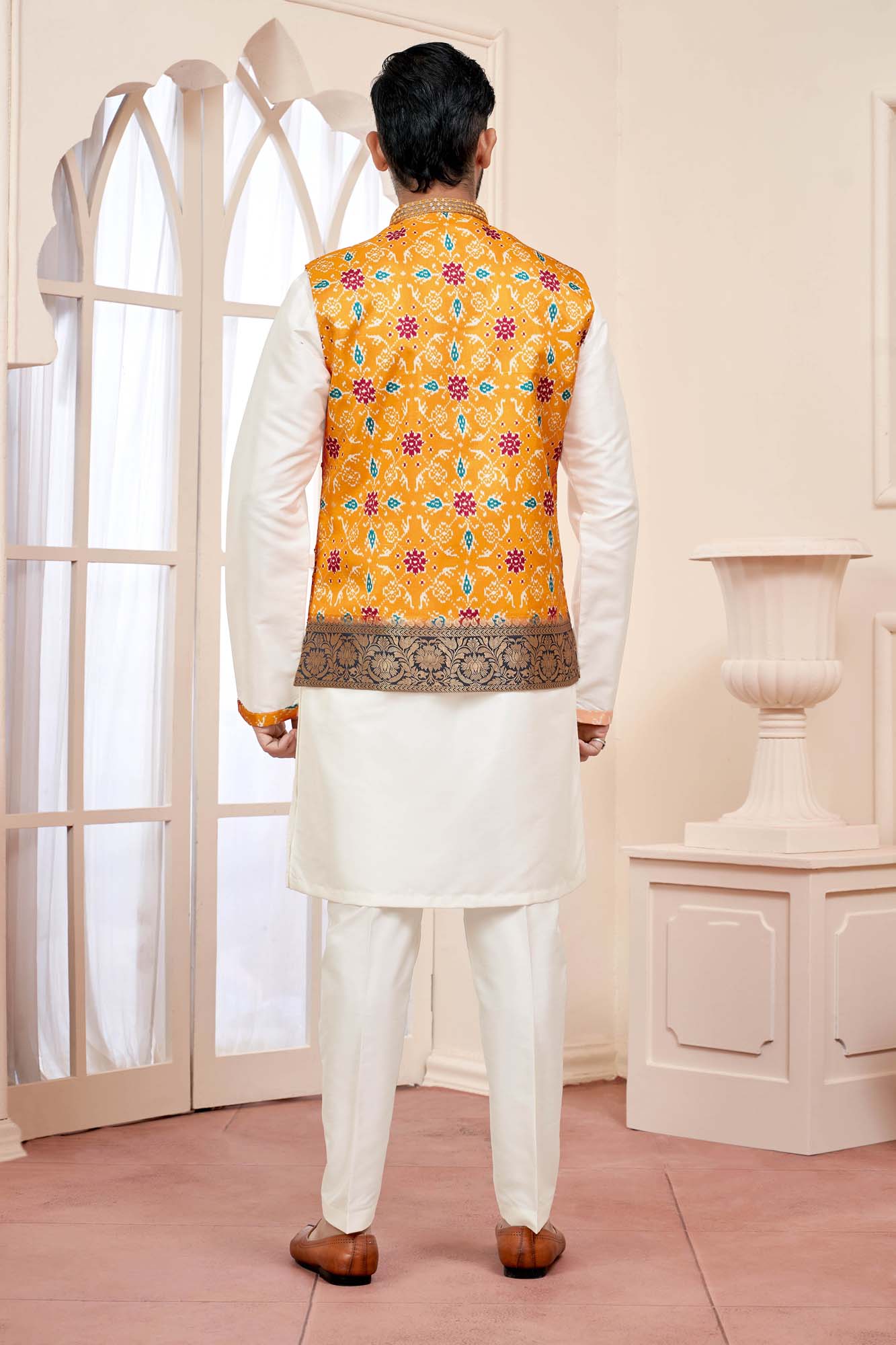 Sunlit Elegance: White Kurta Set With Yellow Embroidered Jacket