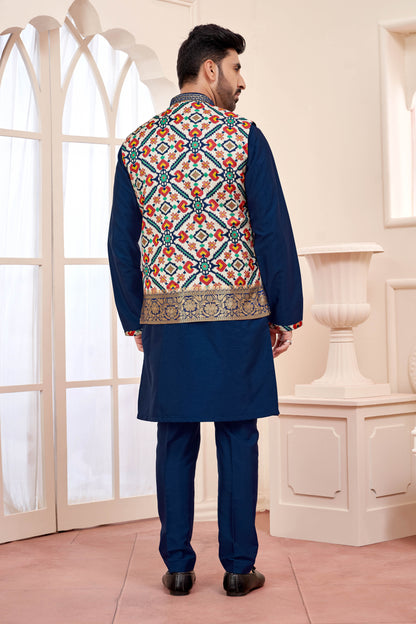 Navy Blue Kurta Jacket in Patola Print and Hand Mirror Work