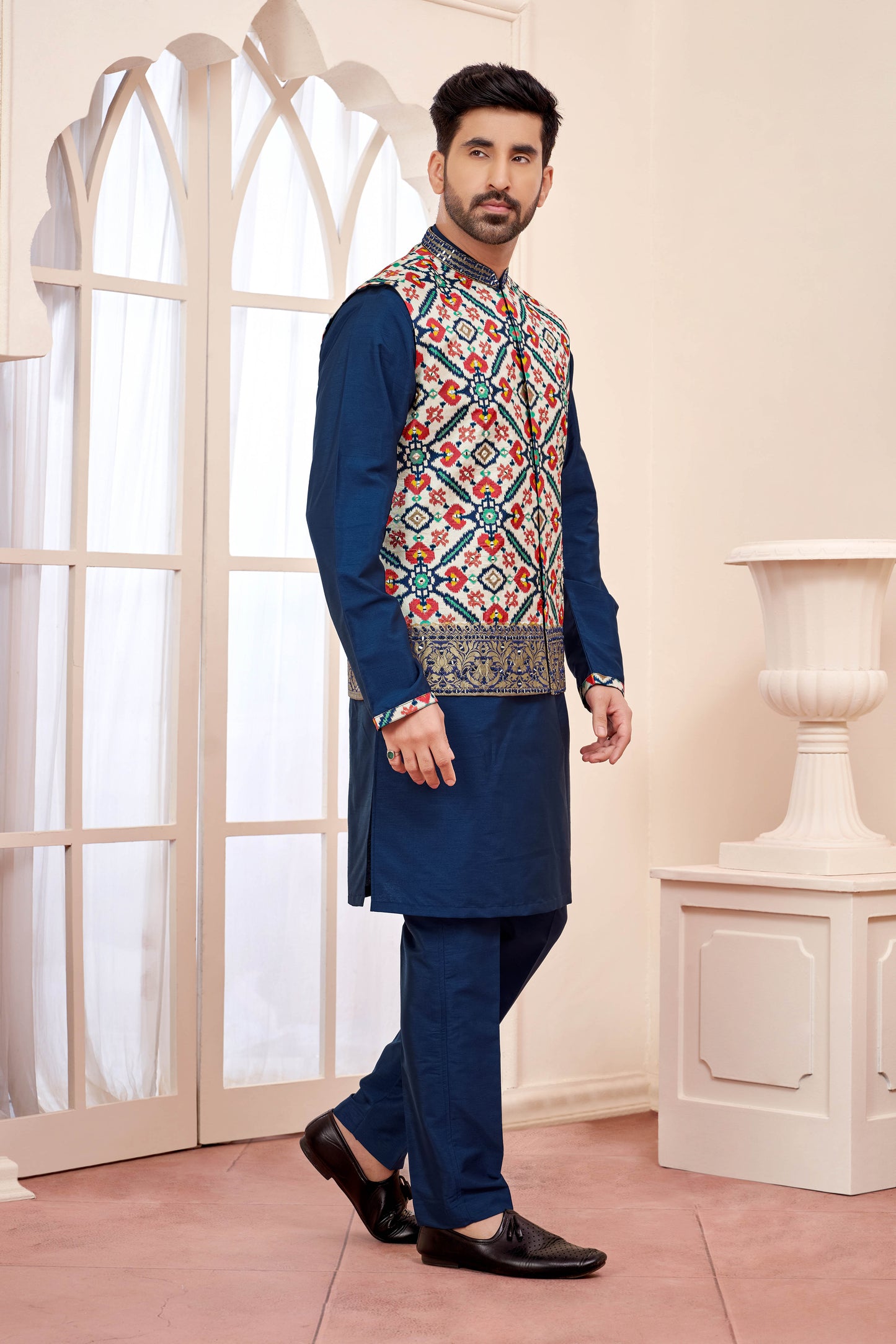 Navy Blue Kurta Jacket in Patola Print and Hand Mirror Work