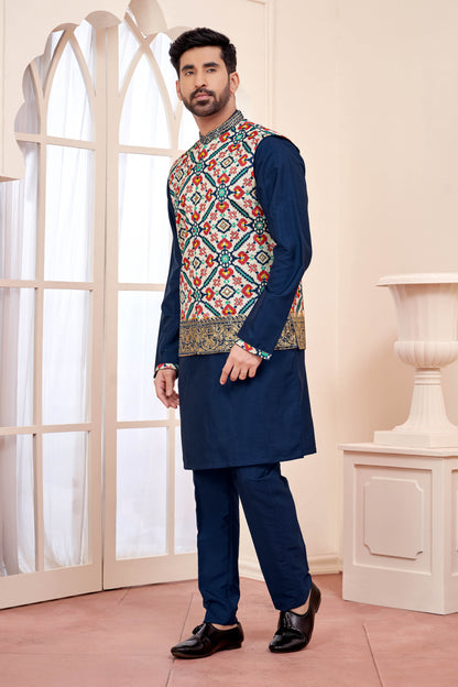 Navy Blue Kurta Jacket in Patola Print and Hand Mirror Work
