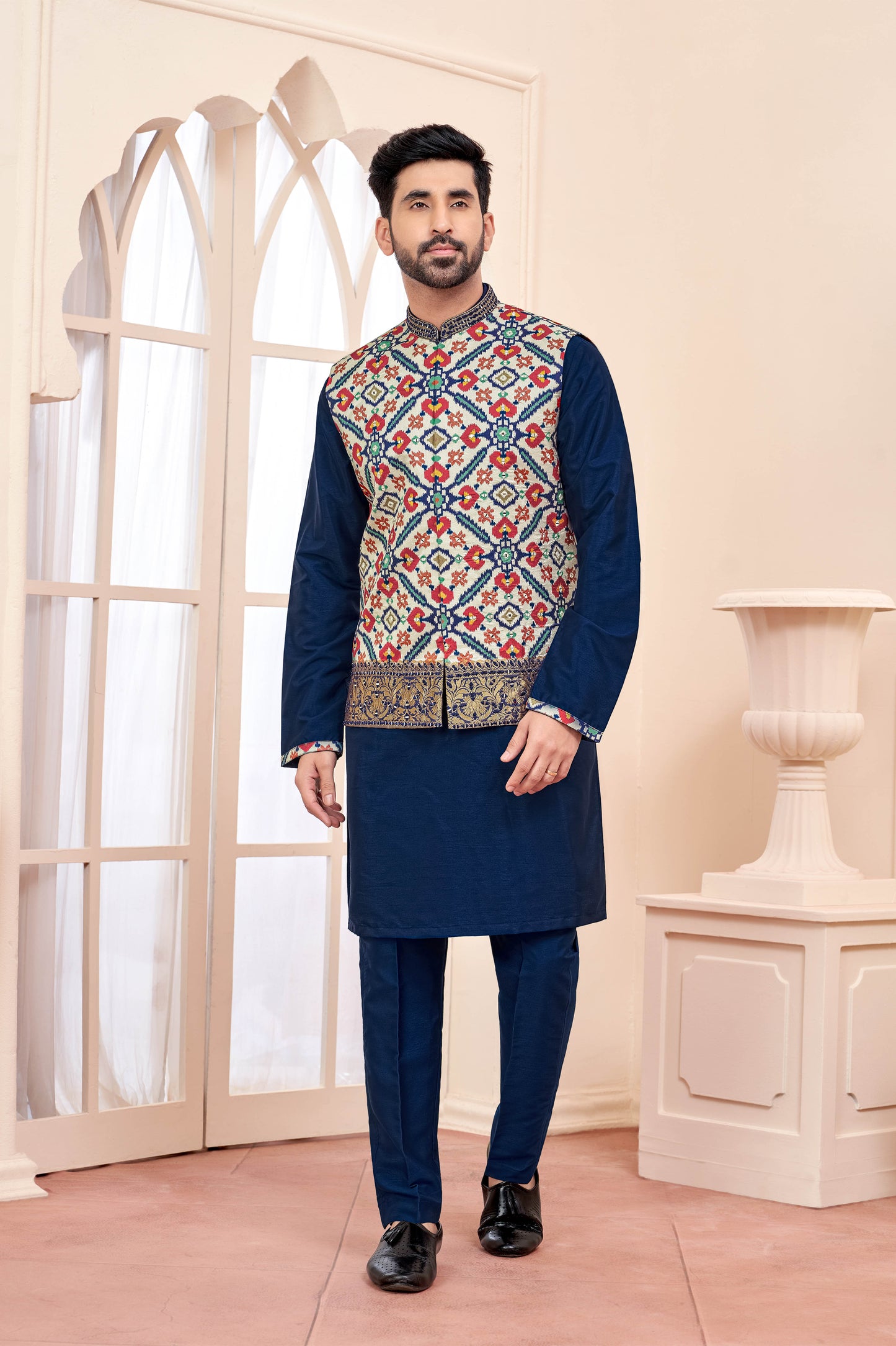 Navy Blue Kurta Jacket in Patola Print and Hand Mirror Work