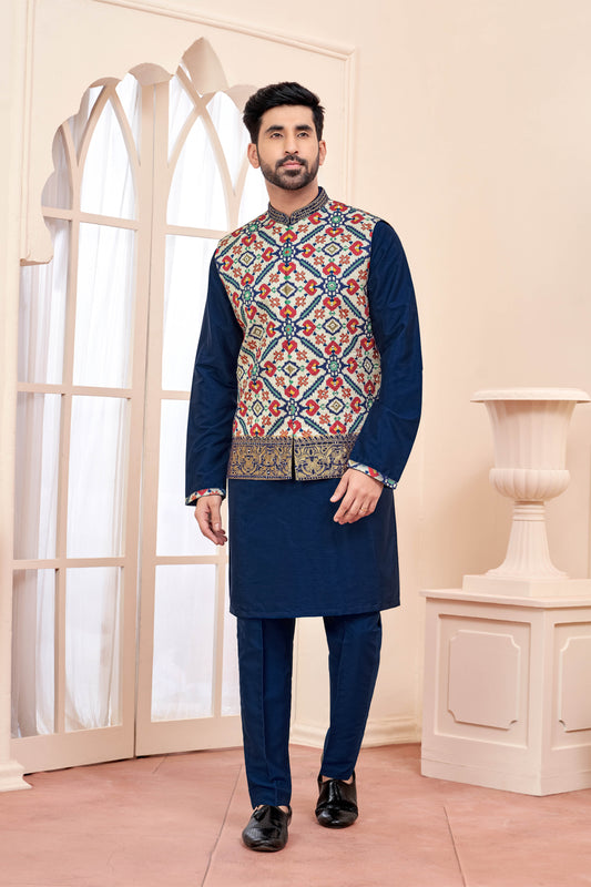 Navy Blue Kurta Jacket in Patola Print and Hand Mirror Work