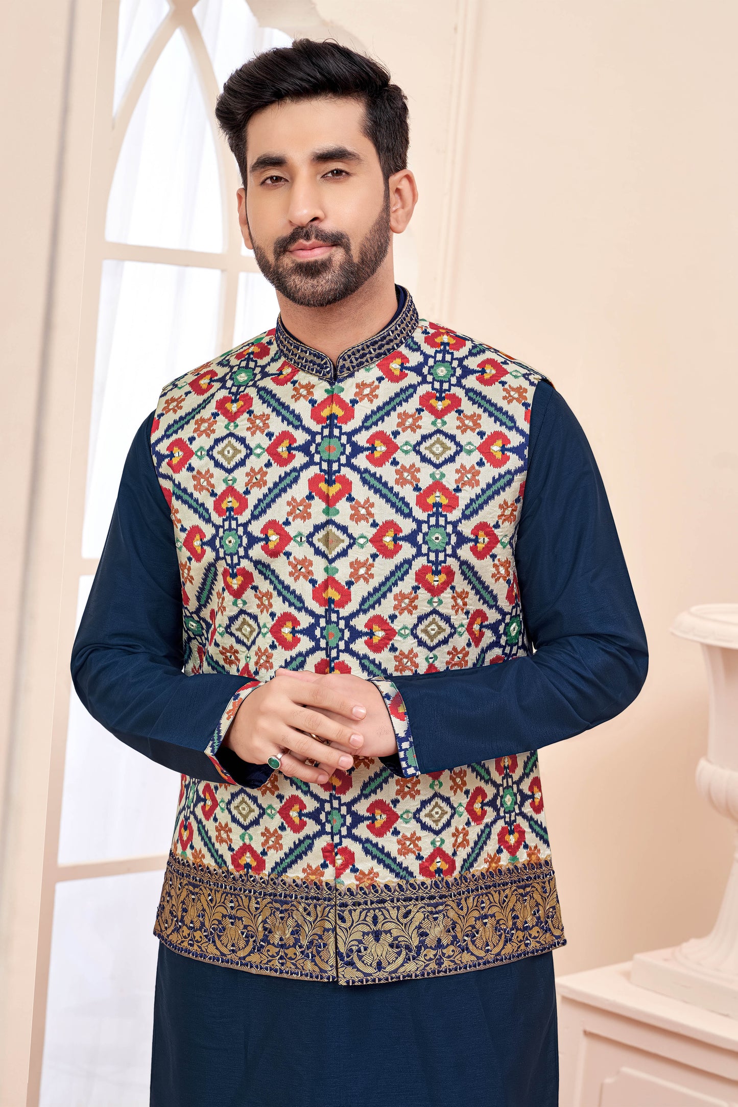 Navy Blue Kurta Jacket in Patola Print and Hand Mirror Work